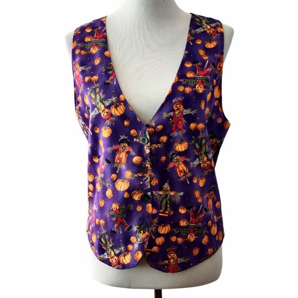 111 Main Womens M Vintage Purple Jack O'Lantern Scarecrow Halloween Button Vest - Picture 2 of 7